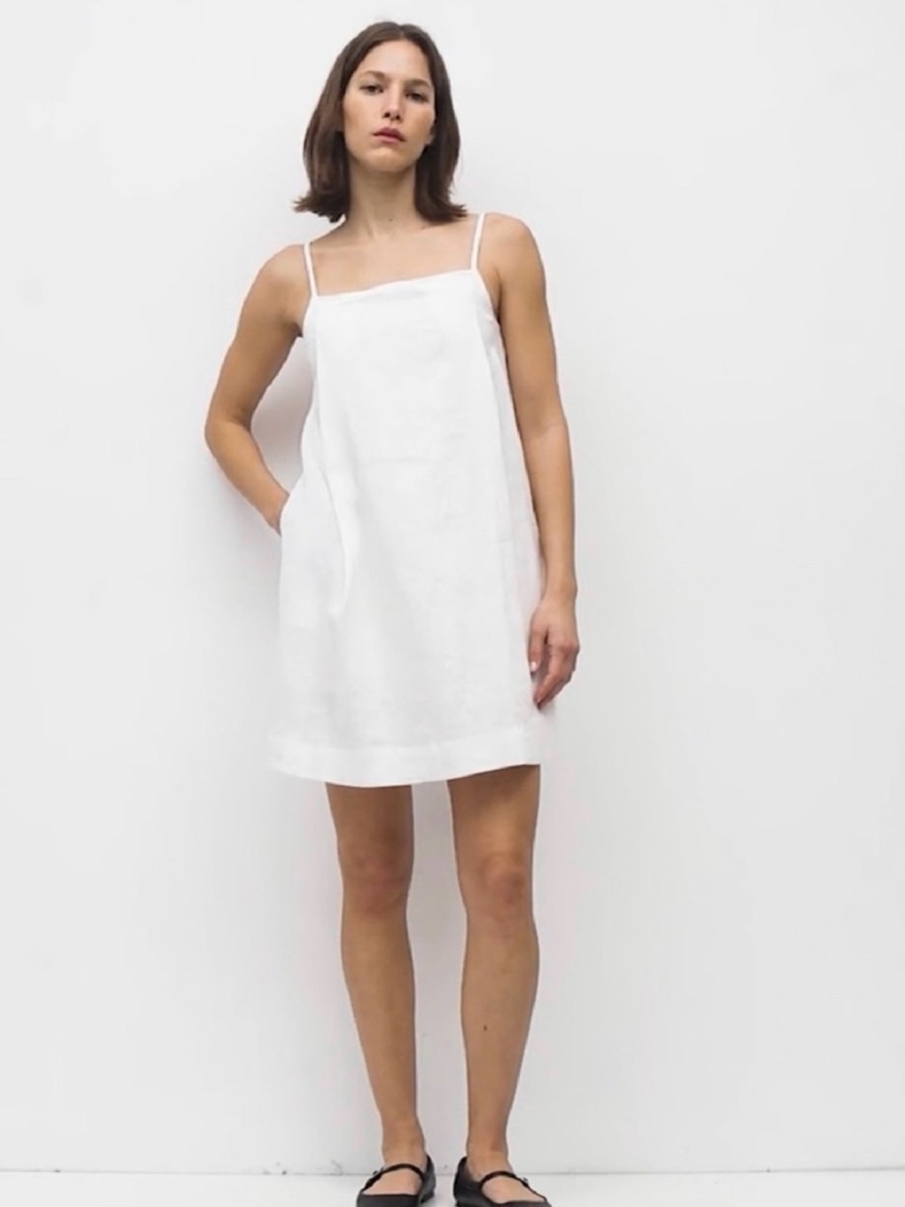 Women's White Linen Slip Dress with Spaghetti Straps